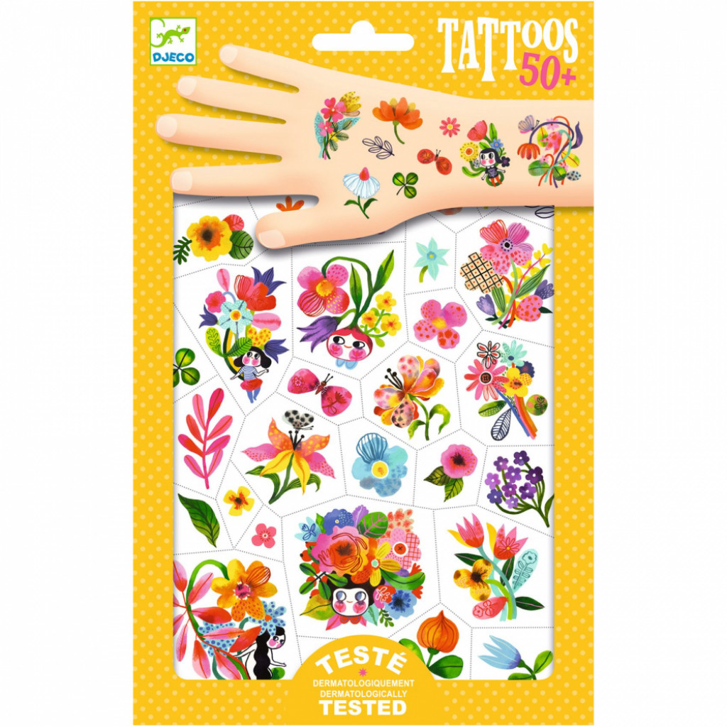 DJECO Akvarelové kvety: tetovačky dočasné, akvarelový štýl, 50+ ks, dermatologicky testované