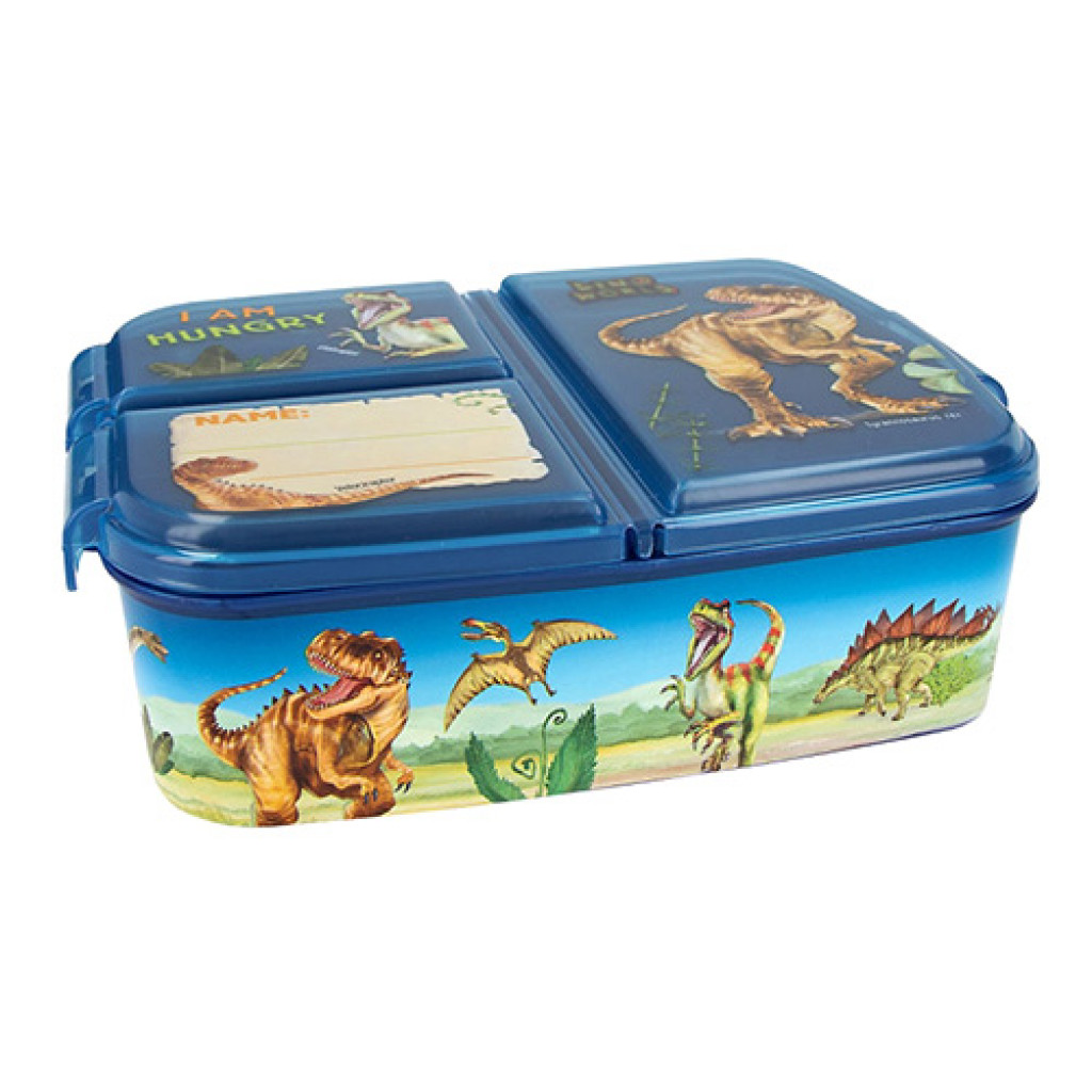 Dino World Olovrantový box - modrý s dinosaurami, 3 oddelené priehradky