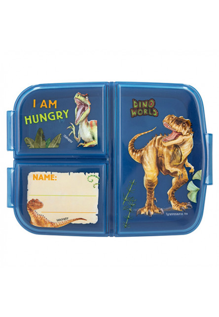 Olovrantový box - modrý s dinosaurami, 3 oddelené priehradky