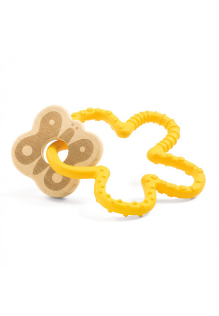 BabyStretchi: silikónové hryzadlo žltý Kvet s dreveným motýľom DJECO