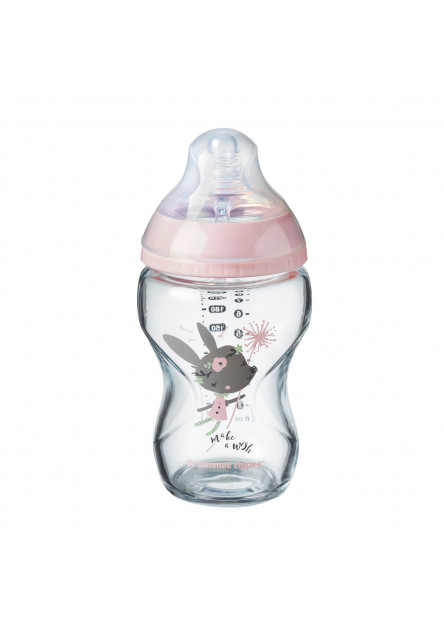Dojčenská fľaša C2N 250ml sklenená potlač Pink, 0m + Tommee Tippee