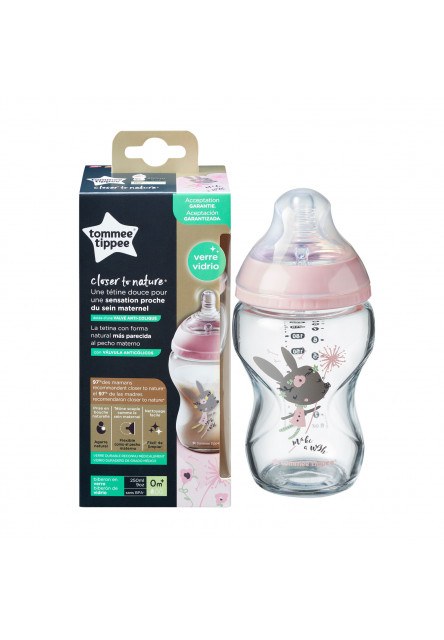 Dojčenská fľaša C2N 250ml sklenená potlač Pink, 0m +