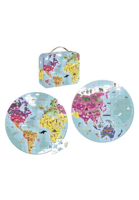 Detské obojstranné puzzle Zemeguľa v kufríku 208 dielov od 6 - 9
